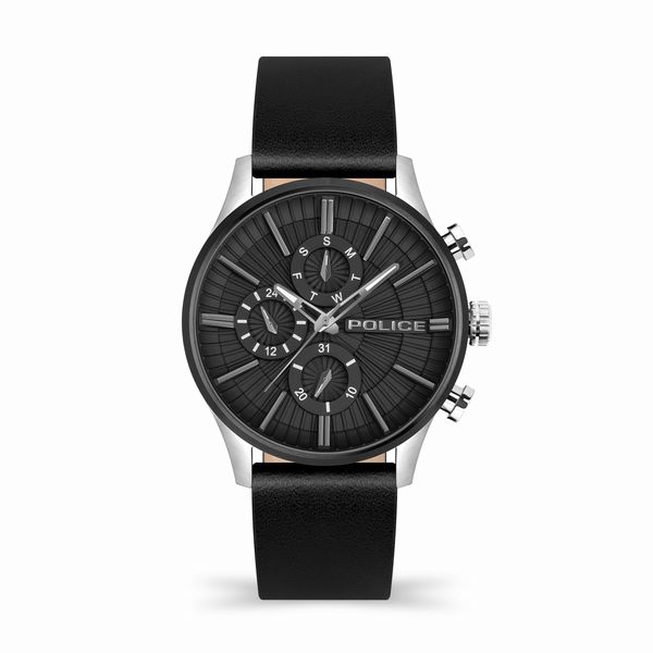 Police Barter SS Multi Dial Black Leather Strap Watch